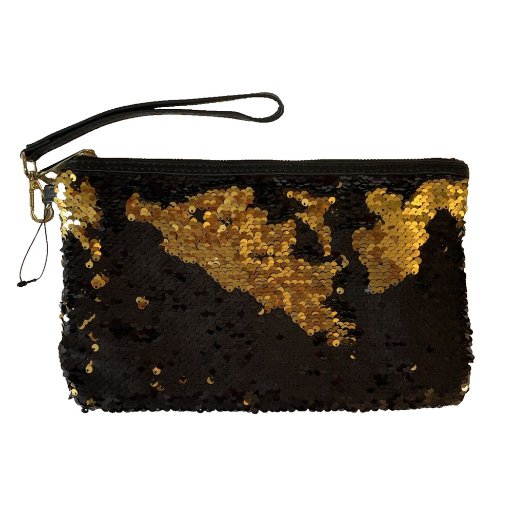 Chico’s Black Gold Sequin Clutch Evening Bag Removable Strap , New without Tags